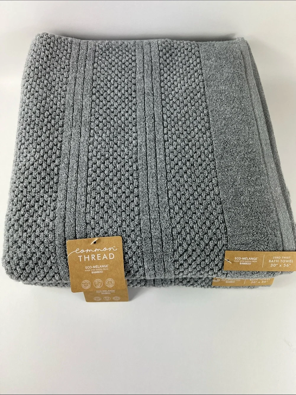 Common Thread Eco Melange BAMBOO Bath Towels Gray Oversized Zero Twist 2 pc NEW